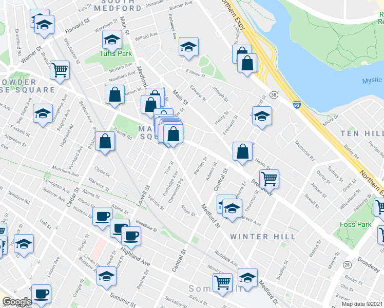 map of restaurants, bars, coffee shops, grocery stores, and more near 112 Glenwood Road in Somerville