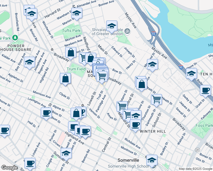 map of restaurants, bars, coffee shops, grocery stores, and more near 499 Medford Street in Somerville