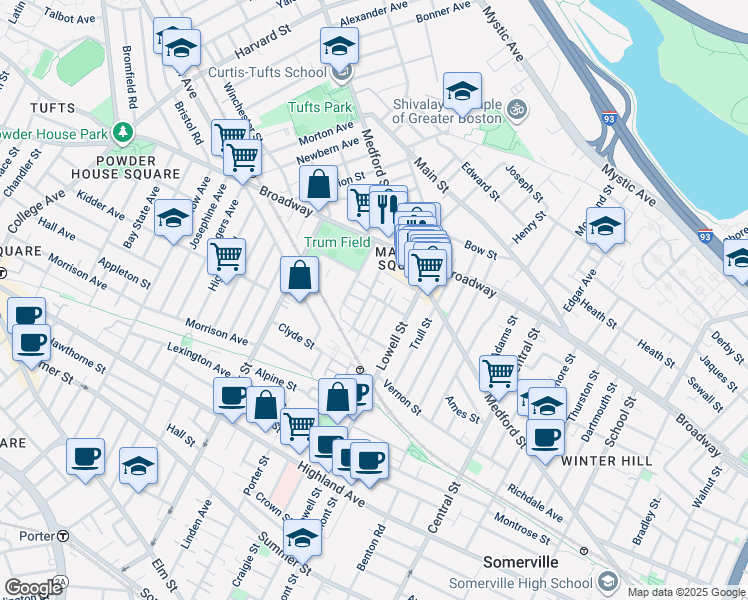 map of restaurants, bars, coffee shops, grocery stores, and more near in Somerville
