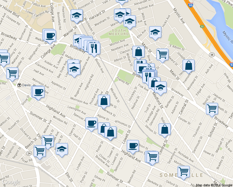 map of restaurants, bars, coffee shops, grocery stores, and more near 11 Murdock Street in Somerville