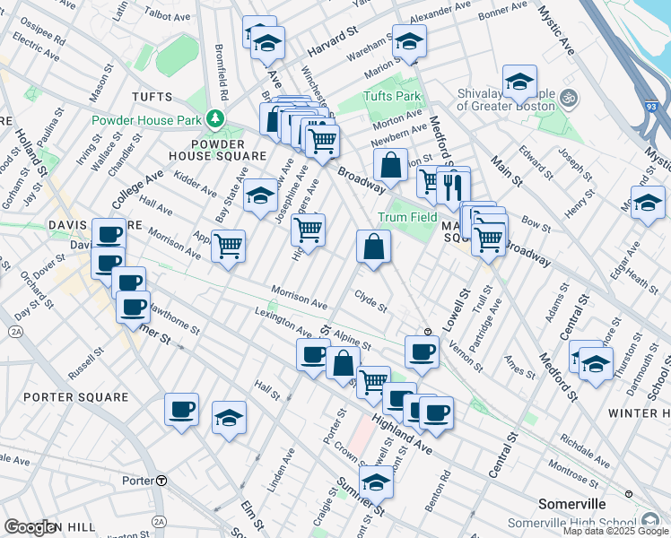 map of restaurants, bars, coffee shops, grocery stores, and more near 48 Boston Avenue in Somerville