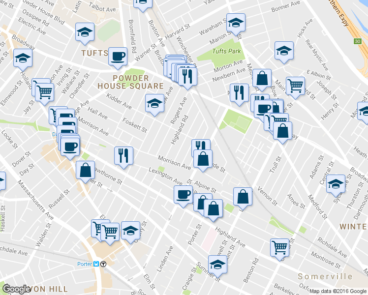 map of restaurants, bars, coffee shops, grocery stores, and more near 40 Pearson Avenue in Somerville