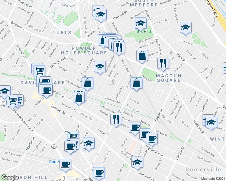 map of restaurants, bars, coffee shops, grocery stores, and more near 40 Pearson Avenue in Somerville