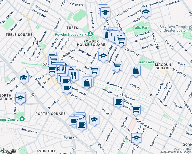 map of restaurants, bars, coffee shops, grocery stores, and more near in Somerville