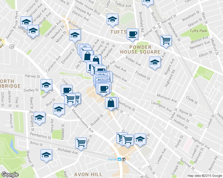 map of restaurants, bars, coffee shops, grocery stores, and more near 403 Highland Avenue in Somerville