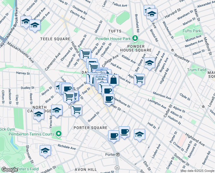 map of restaurants, bars, coffee shops, grocery stores, and more near 403 Highland Avenue in Somerville