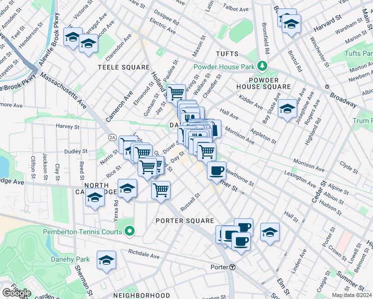 map of restaurants, bars, coffee shops, grocery stores, and more near in Somerville