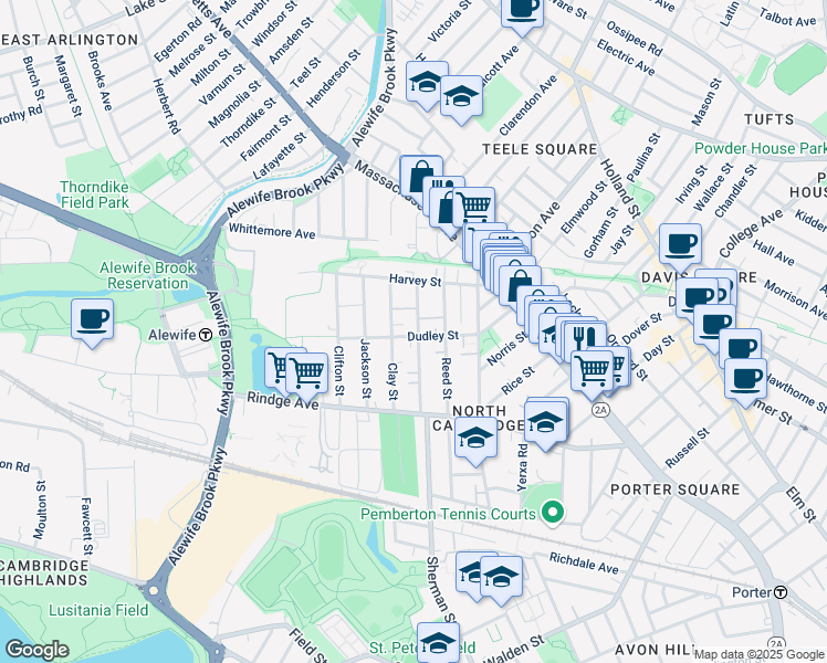map of restaurants, bars, coffee shops, grocery stores, and more near 95 Dudley Street in Cambridge