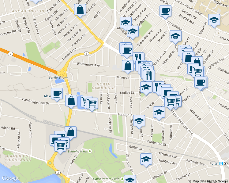map of restaurants, bars, coffee shops, grocery stores, and more near 133 Dudley Street in Cambridge