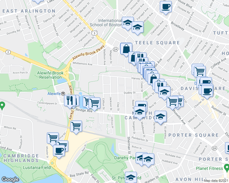 map of restaurants, bars, coffee shops, grocery stores, and more near 133 Dudley Street in Cambridge