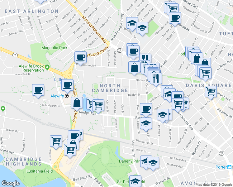 map of restaurants, bars, coffee shops, grocery stores, and more near 133 Dudley Street in Cambridge