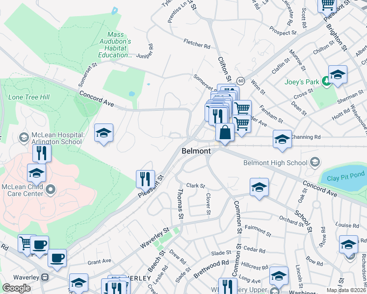 map of restaurants, bars, coffee shops, grocery stores, and more near in Belmont