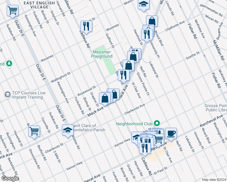 map of restaurants, bars, coffee shops, grocery stores, and more near 17101 Neveux Street in Detroit