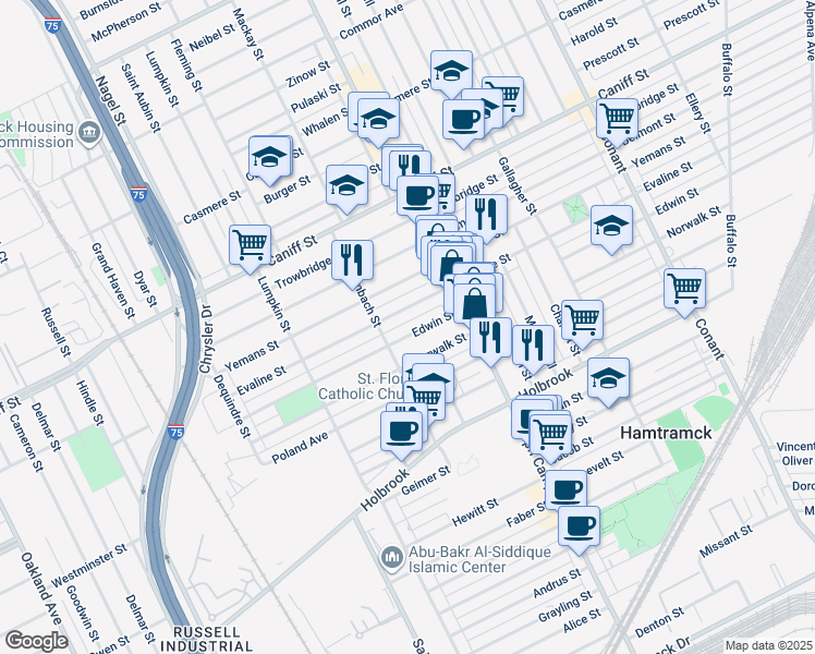 map of restaurants, bars, coffee shops, grocery stores, and more near 2669 Edwin Street in Hamtramck
