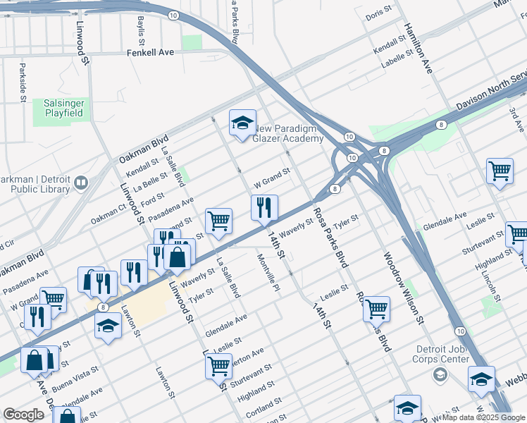 map of restaurants, bars, coffee shops, grocery stores, and more near 2055 Clements Street in Detroit