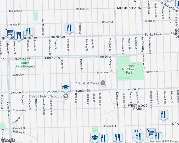 map of restaurants, bars, coffee shops, grocery stores, and more near 14817 Fielding Street in Detroit