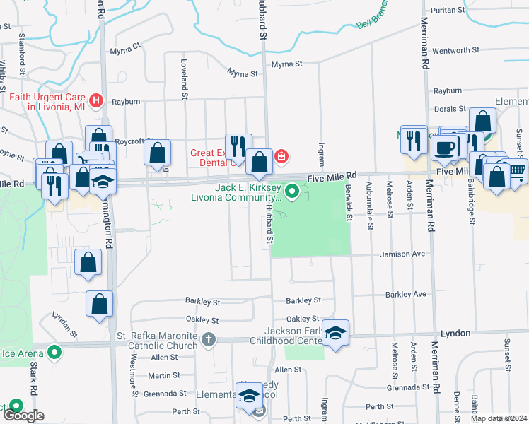 map of restaurants, bars, coffee shops, grocery stores, and more near 15101 Hubbard Street in Livonia
