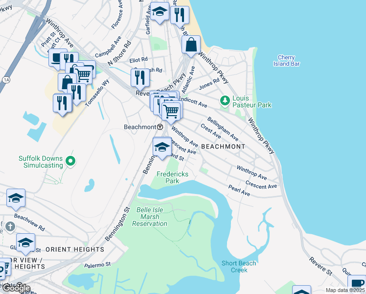 map of restaurants, bars, coffee shops, grocery stores, and more near 64 Crescent Avenue in Revere