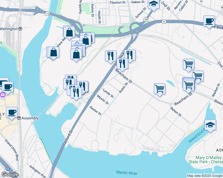map of restaurants, bars, coffee shops, grocery stores, and more near 23R Thorndike Street in Everett