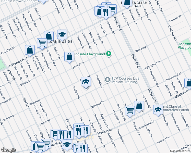 map of restaurants, bars, coffee shops, grocery stores, and more near 4197 Haverhill Street in Detroit