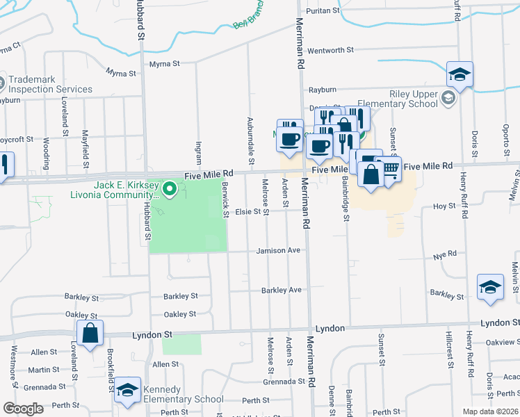 map of restaurants, bars, coffee shops, grocery stores, and more near 15137 Melrose Street in Livonia