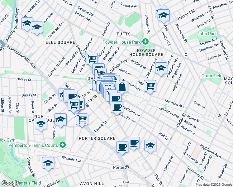 map of restaurants, bars, coffee shops, grocery stores, and more near 403 Highland Avenue in Somerville