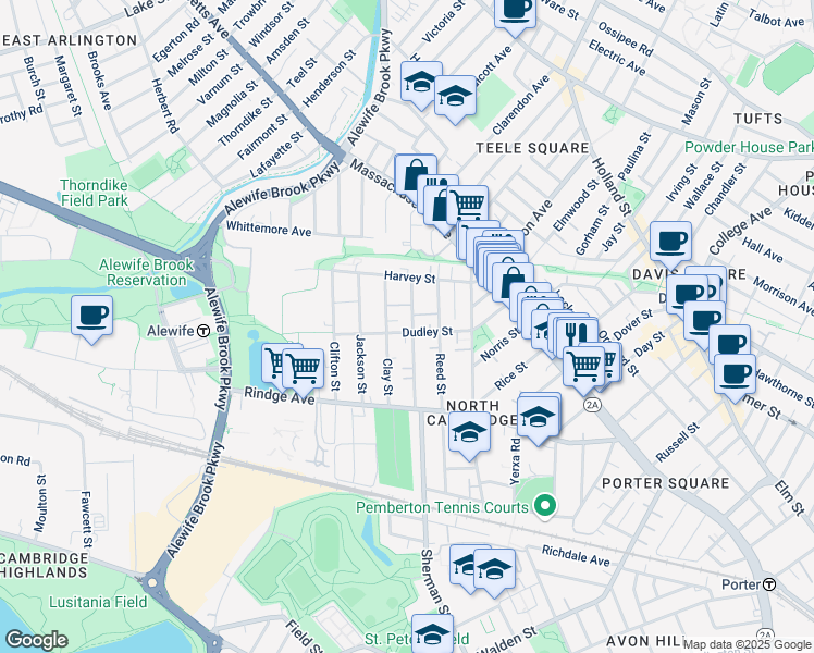 map of restaurants, bars, coffee shops, grocery stores, and more near 95 Dudley Street in Cambridge