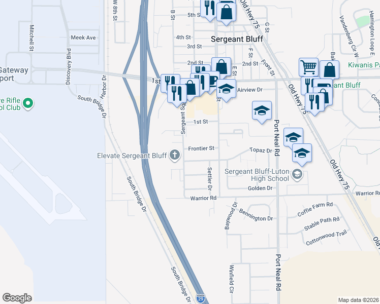 map of restaurants, bars, coffee shops, grocery stores, and more near 200 Frontier Street in Sergeant Bluff
