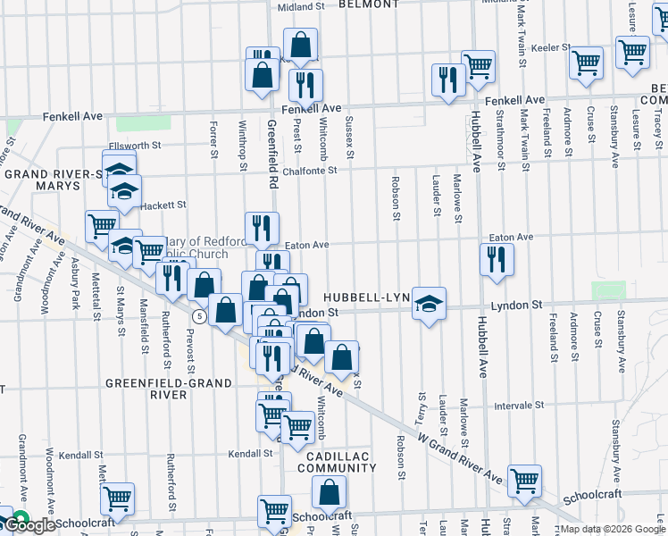 map of restaurants, bars, coffee shops, grocery stores, and more near 14610 Whitcomb in Detroit