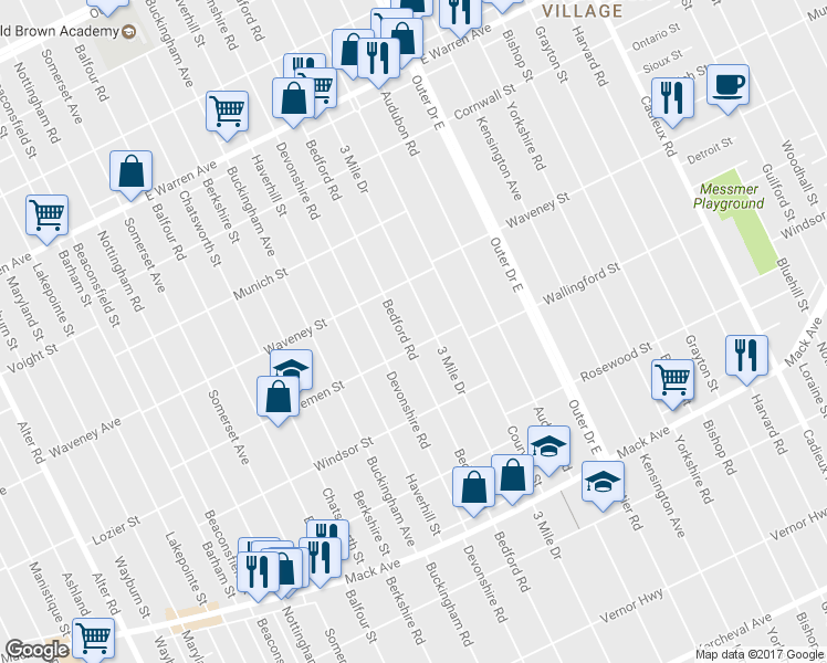 map of restaurants, bars, coffee shops, grocery stores, and more near 4126 Bedford Street in Detroit