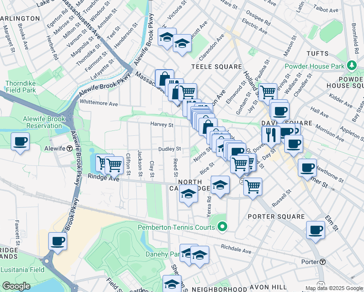 map of restaurants, bars, coffee shops, grocery stores, and more near 63 Dudley Street in Cambridge