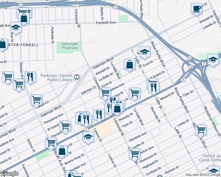 map of restaurants, bars, coffee shops, grocery stores, and more near 2496 Pasadena Street in Detroit