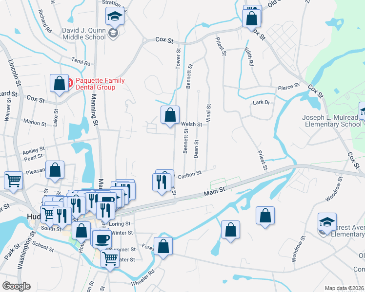 map of restaurants, bars, coffee shops, grocery stores, and more near 39 Tower Street in Hudson
