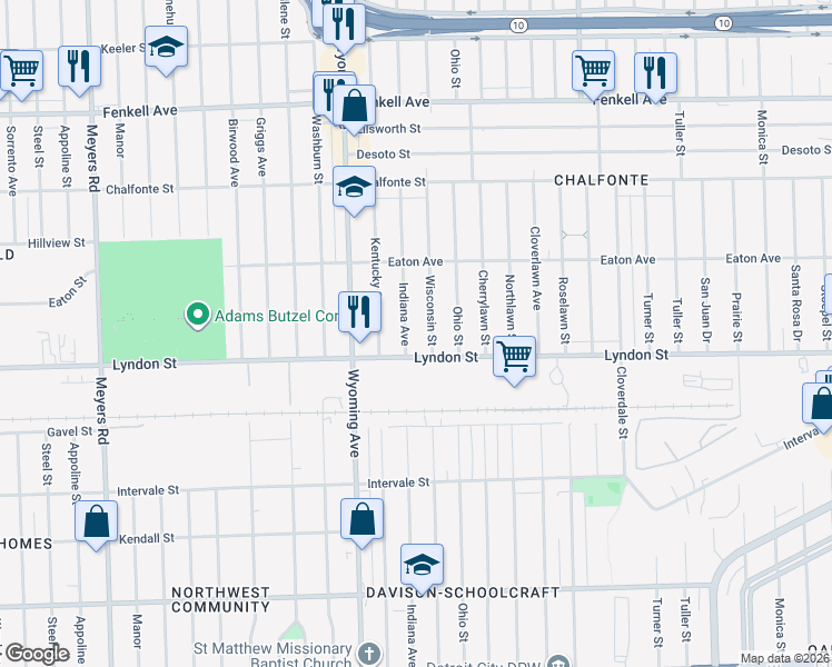 map of restaurants, bars, coffee shops, grocery stores, and more near 14544 Indiana Street in Detroit