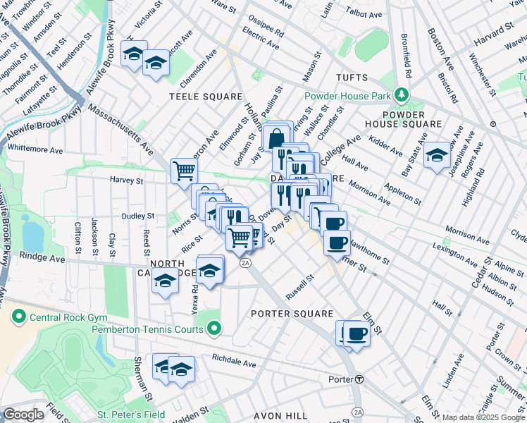 map of restaurants, bars, coffee shops, grocery stores, and more near 155 Orchard Street in Somerville