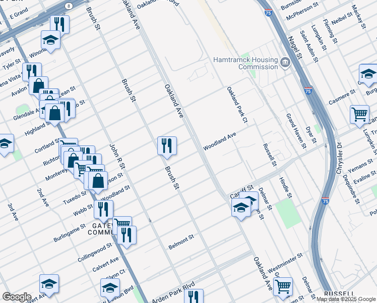 map of restaurants, bars, coffee shops, grocery stores, and more near 617 Woodland Street in Detroit