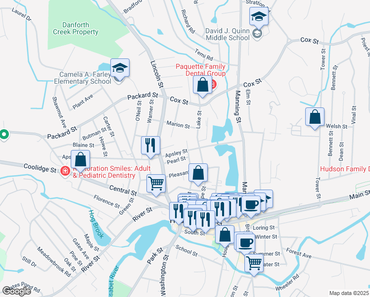 map of restaurants, bars, coffee shops, grocery stores, and more near 148 Apsley Street in Hudson