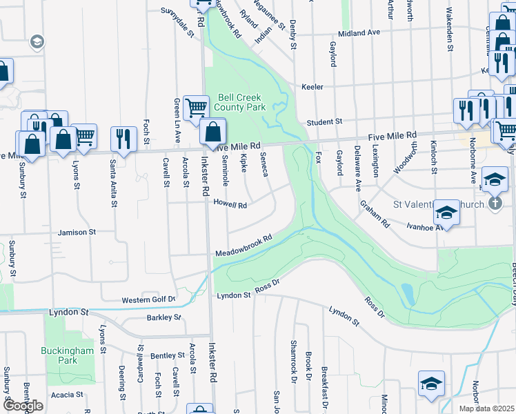 map of restaurants, bars, coffee shops, grocery stores, and more near 27157 Howell Rd in Redford Charter Township