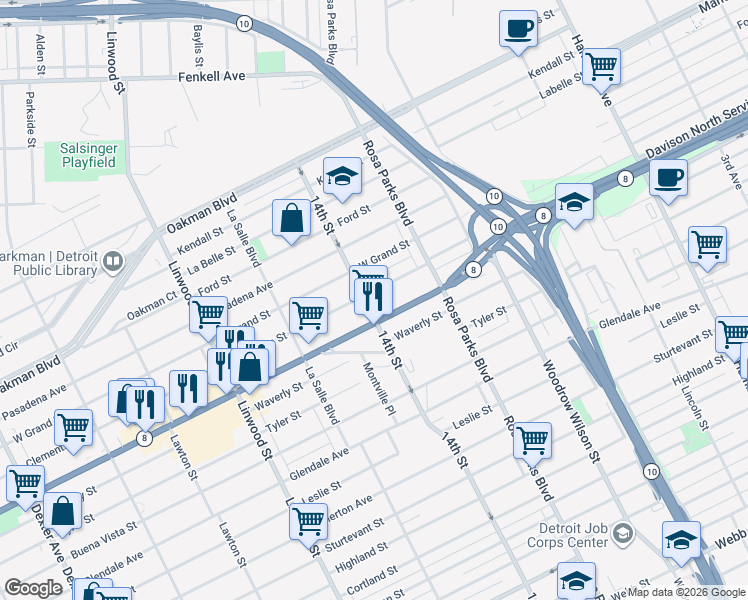 map of restaurants, bars, coffee shops, grocery stores, and more near 2055 Clements Street in Detroit