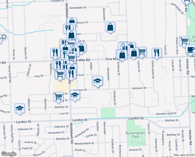 map of restaurants, bars, coffee shops, grocery stores, and more near 14993 Garden Street in Livonia
