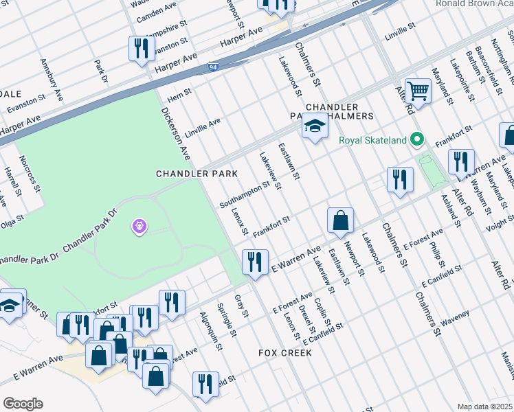 map of restaurants, bars, coffee shops, grocery stores, and more near 5278 Drexel Street in Detroit