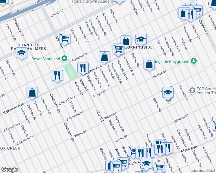 map of restaurants, bars, coffee shops, grocery stores, and more near 4721 Lakepointe Street in Detroit