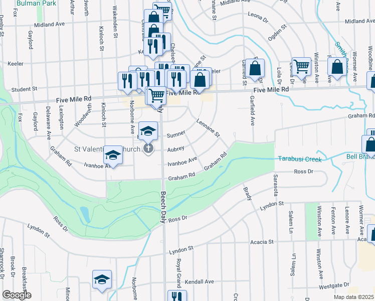 map of restaurants, bars, coffee shops, grocery stores, and more near 14888 Aubrey in Redford Charter Township