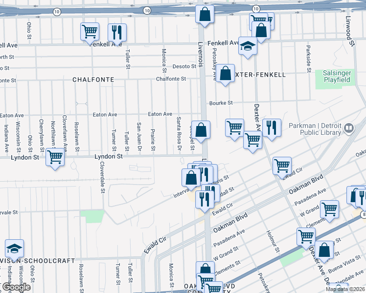 map of restaurants, bars, coffee shops, grocery stores, and more near 14538 Santa Rosa Drive in Detroit