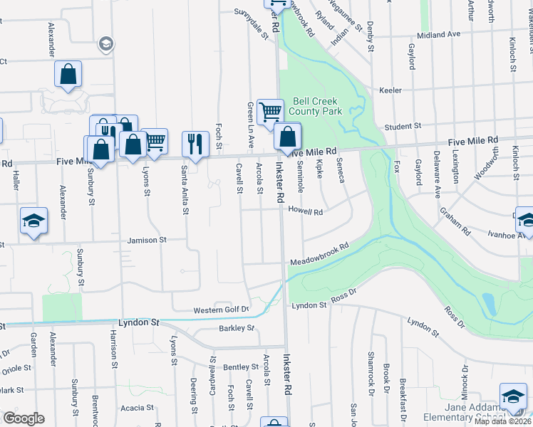 map of restaurants, bars, coffee shops, grocery stores, and more near 14970 Arcola Street in Livonia