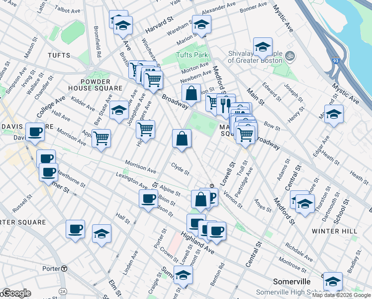 map of restaurants, bars, coffee shops, grocery stores, and more near 11 Murdock Street in Somerville