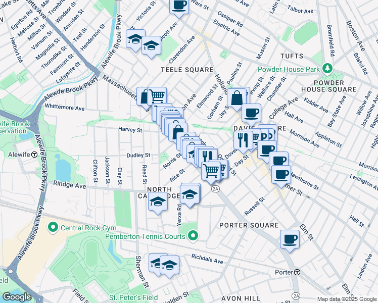 map of restaurants, bars, coffee shops, grocery stores, and more near in Cambridge