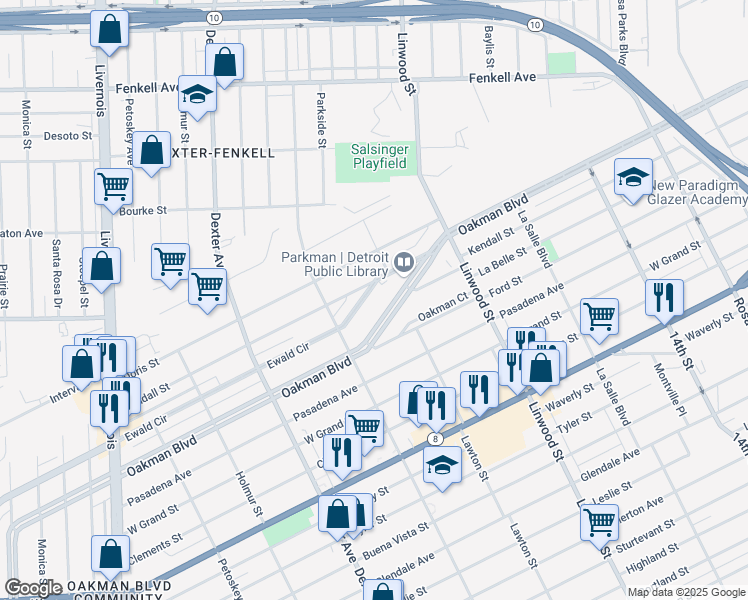 map of restaurants, bars, coffee shops, grocery stores, and more near 1865 Ewald Circle in Detroit