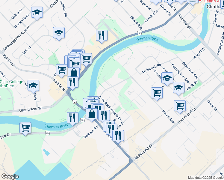 map of restaurants, bars, coffee shops, grocery stores, and more near 8 Churchill Park Road in Chatham