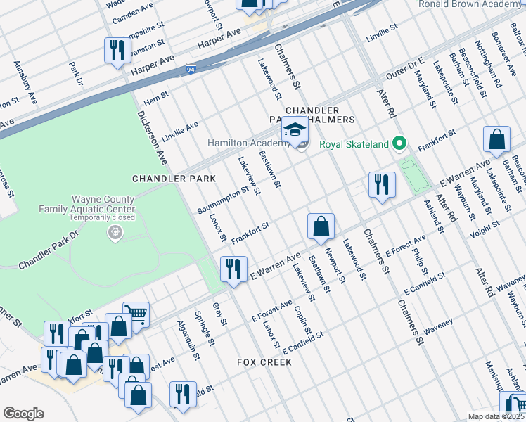 map of restaurants, bars, coffee shops, grocery stores, and more near 5237 Lakeview Street in Detroit